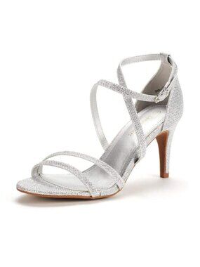Women's Open Toe Stiletto Heeled Sandals Glitter Ankle Strap Buckle Wedding